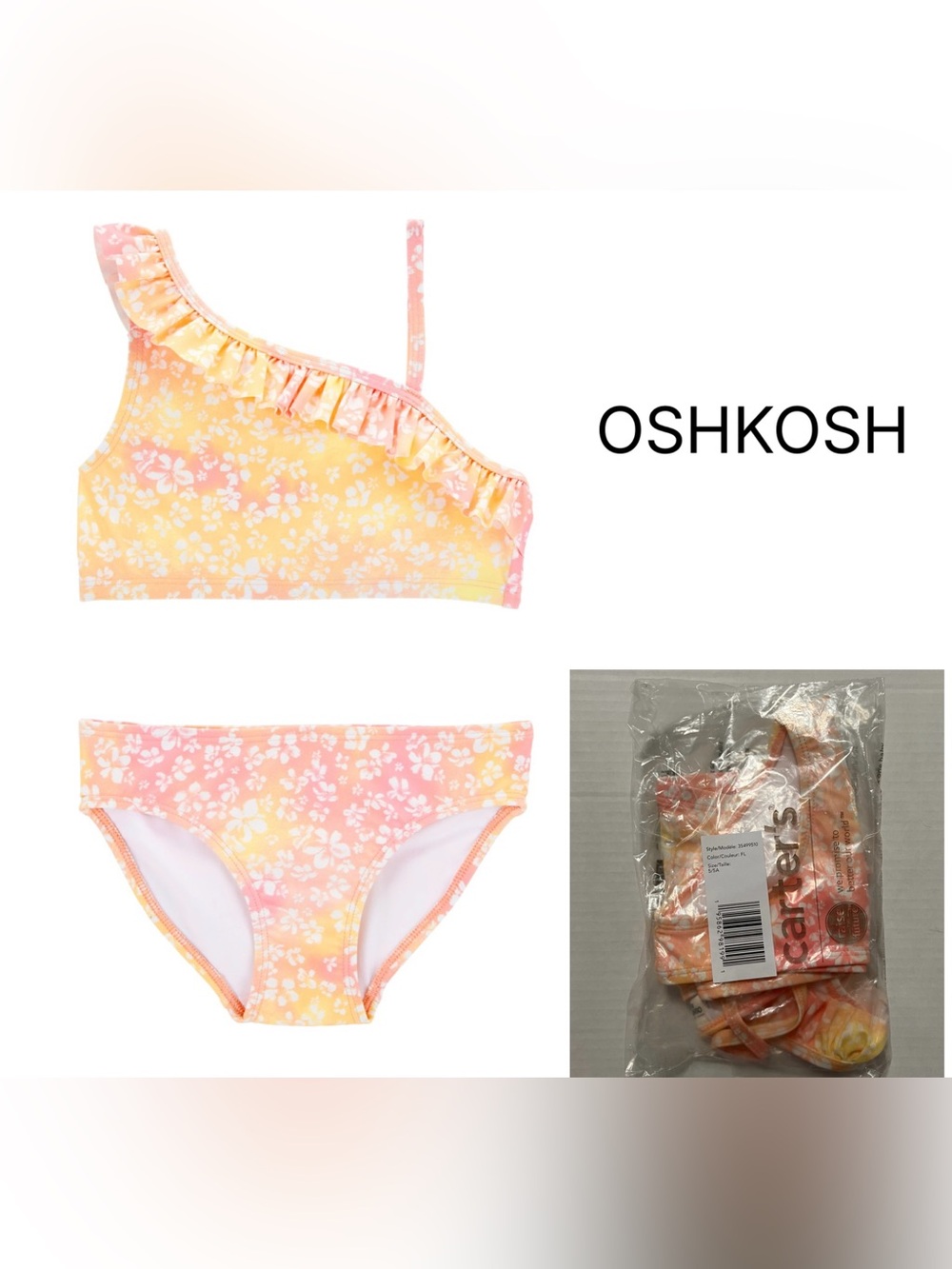 OSHKOSH - 5 - NWT - GIRLS - 2PC UPF 50+ FLORAL TIE-DYE RUFFLE BIKINI SWIMSUIT